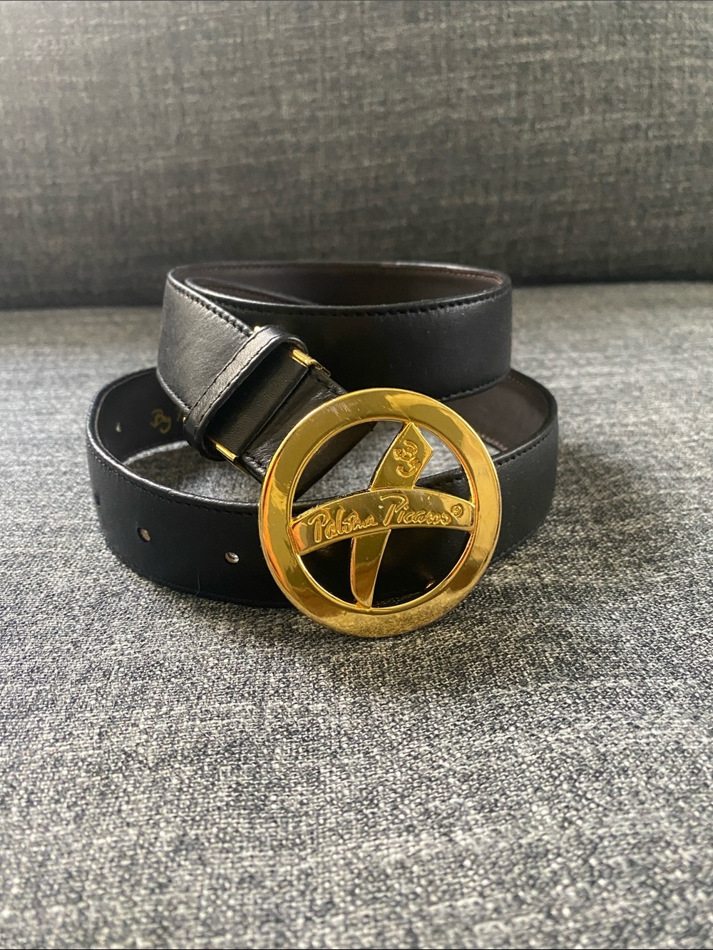 Black Paloma Picasso Leather Belt with Gold Circular Signature Buckle